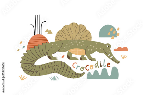 Vector illustration with a crocodile. Children's safari print in hand drawn s...
