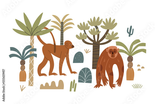 Vector illustration with monkeys and palm trees. Vector illustration in hand drawn style