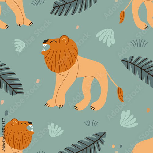 Seamless pattern with a lion. Children's fashion background for textiles, wal...