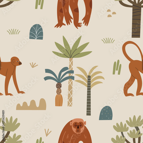 Seamless pattern with monkeys. Children's safari background for textiles, wal...