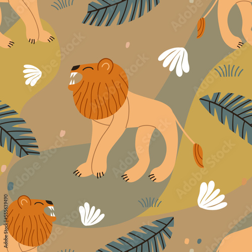 Seamless pattern with a lion. Children's fashion background for textiles, wal...