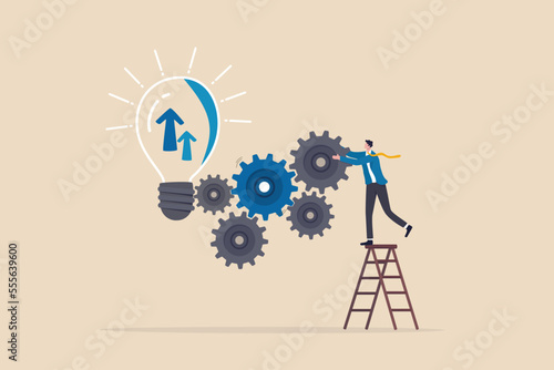 Process improvement, adjustment to improve efficiency or productivity, project progress or development to increase performance concept, businessman put gear into system to improve development process.