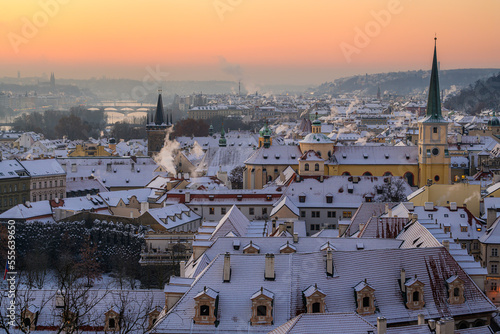 The cityscape of Prague in the early winter morning. 