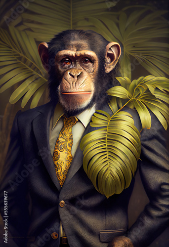 Papier peint A chimpanzee in a suit in front of green tropic leaves - generative ai