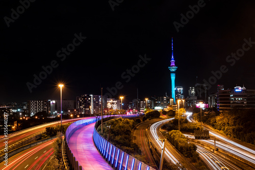 Auckland City traffic on the highway at night, New Zealand