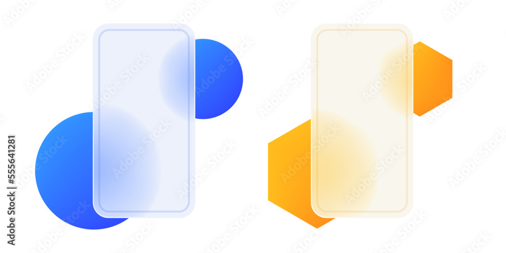 Phone template in glassmorphism style vector illustration. Blurred shapes on glassy glassmorphic device screen.