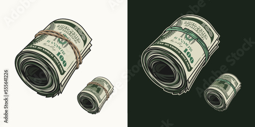 Money roll tied with rope. Rolls with obverse and reverse side of american 100 dollar bills. Cash money. Vintage style. Detailed vector illustration on black, white background. Perspective side view