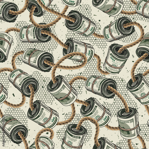 Money seamless pattern with rolls of 100 dollars bills bounded by jute rope on white textured background with hexagonal net, small abstract particles like dust. Detailed vintage vector illustration
