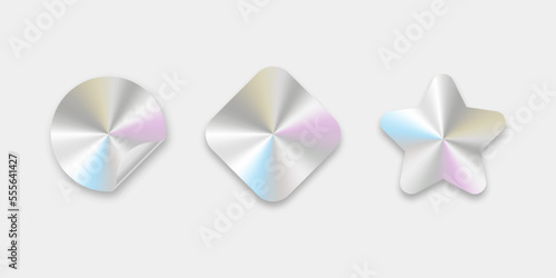 Holographic sticker circle, square and star vector shape. Holography style iridescent stickers collection.