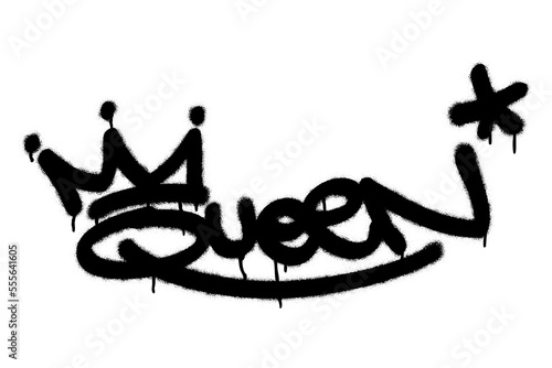 Isolated spray graffiti tag quote QUEEN, crown and star symbols over white. 