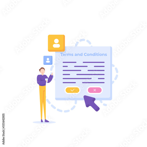 terms and conditions, customer approval, options. legal agreement between service provider and service user. a user chooses to reject the terms or accept the terms. illustration concept design