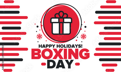 Boxing Day. Day after Christmas Day, when gifts are given! This holiday is associated with shopping and sporting events. Celebrated annually in the Great Britain on December 26th. Vector illustration