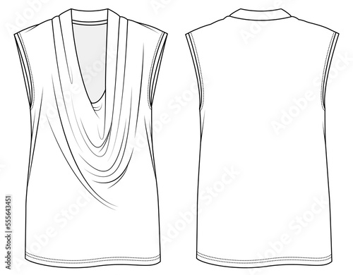 womens sleeveless cowl neck top flat sketch vector illustration technical cad drawing template
