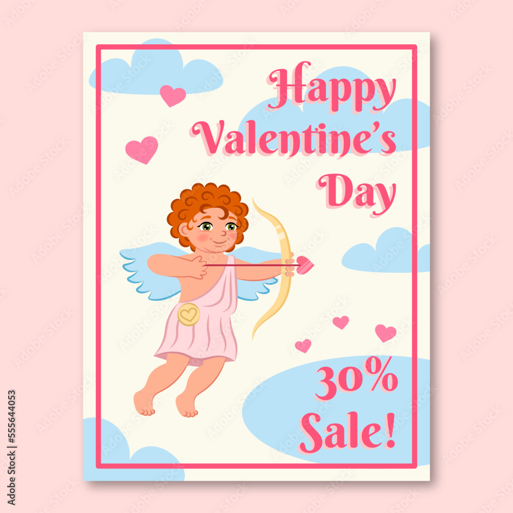 Valentines day postcard template. Cute cupid with bow. Cute cupid with red hair. Happy Valentines Day text. Valentines day sale. Cupid shoots with hearts.