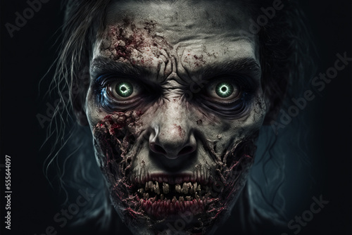 Close up portrait of a horror zombie. Scary halloween face. Generative ai © ink drop