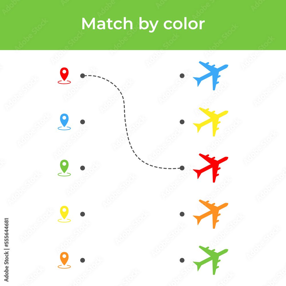 Educational children's game. Match by color. Activity for preschool children and toddlers. Illustration of an airplane Educational children's game. Match by color. Activity for preschool children and toddlers. Illustration of an airplane