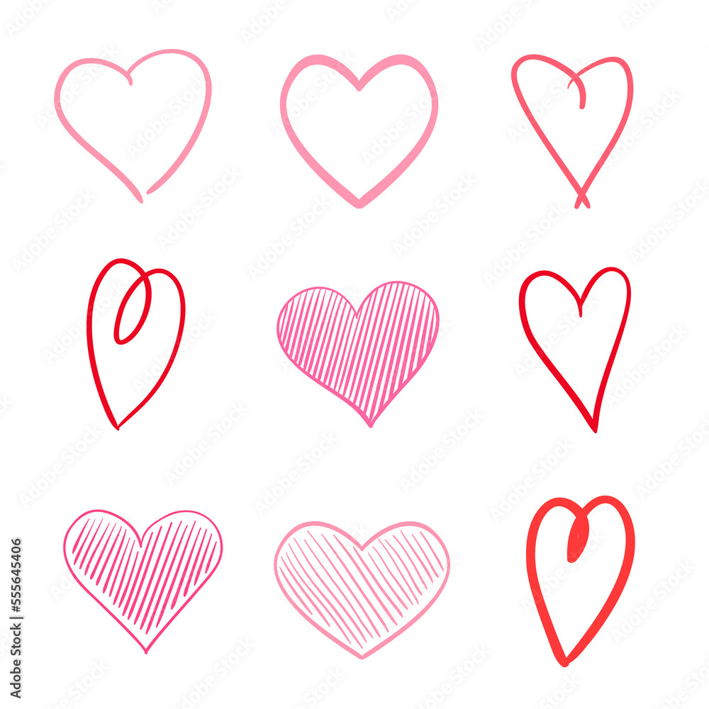 Colorful hearts on isolated white background. Hand drawn set of love signs. Unique abstract image for design. Line art creation. Colored illustration. Elements for poster or flyer Colorful hearts on isolated white background. Hand drawn set of love signs. Unique abstract image for design. Line art creation. Colored illustration. Elements for poster or flyer
