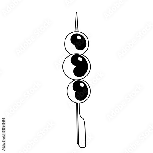 Hand drawn asian food. Vector illustration of grilled dango on stick. Chinese fried takoyaki.