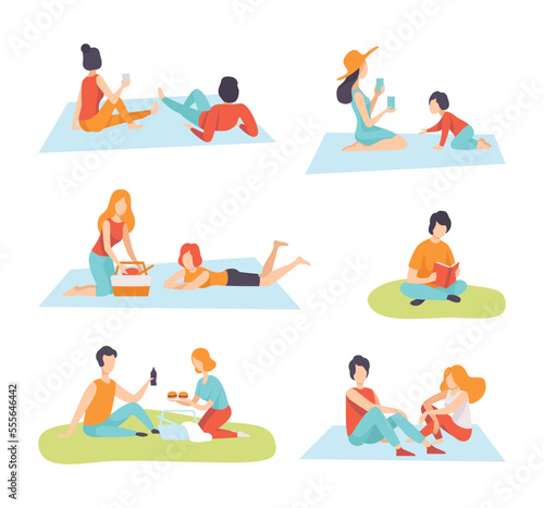 People Character Enjoying Picnic in Nature Sitting on Blanket and Talking Vector Set