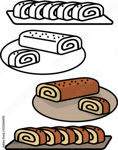 Bejgli, beigli, strudel icon with black outline, colored and black and white version. Vector illustration. Traditional christmas cake.