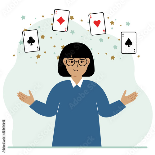 Woman holding playing cards cards. Playing combination of 4 aces or four of a kind.