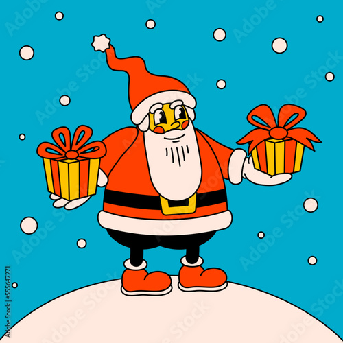 Merry Christmas and Happy New year trendy retro cartoon card. Groovy hippie C...