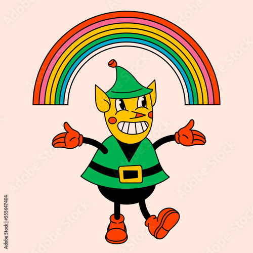 Merry Christmas and Happy New year trendy retro cartoon characters. Groovy hippie Christmas Santas elf with rainbow. Vector Cartoon characters and elements.