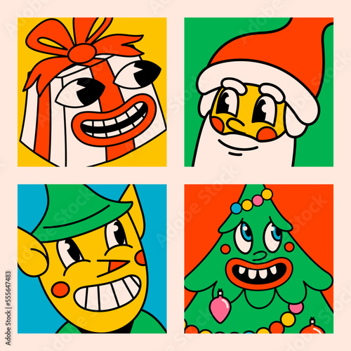 Happy New Year and Merry Christmas retro cartoon postcard. Christmas cards in...