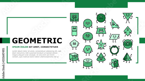 geometric shape character landing web page vector. triangle circle, square abstract, cute funny rectangle, figure face, education basic geometric shape character Illustration