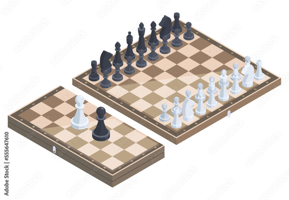Isometric chess board game. Chess pieces, king, queen, bishop, knight, rook and pawns, chessboard game 3d vector illustration isolated on white background Isometric chess board game. Chess pieces, king, queen, bishop, knight, rook and pawns, chessboard game 3d vector illustration isolated on white background