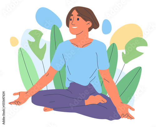 Meditating man. Cartoon guy in lotus pose, yoga asana and breath training, peaceful, relaxing, tranquil male person practicing yoga flat vector illustration isolated on white background