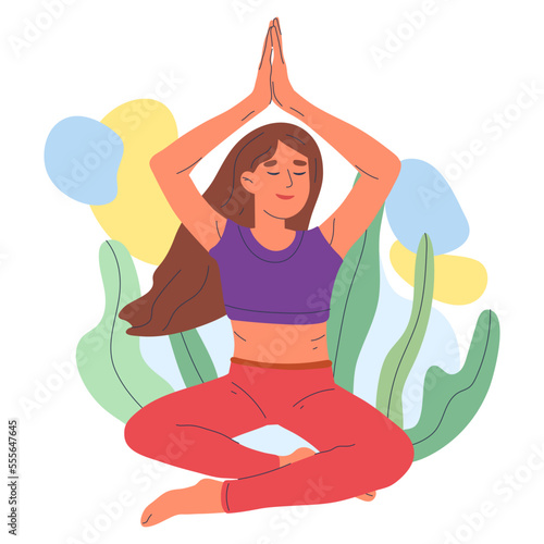 Meditating woman. Cartoon lady in lotus pose, yoga asana and breath training, relaxing, tranquil female person practicing yoga flat vector illustration isolated on white background