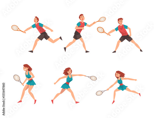 Man and Woman Character Playing Tennis as Racket Sport on Court Vector Set