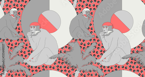 Fashion minimal illustration stylish retro monkey seamless pattern