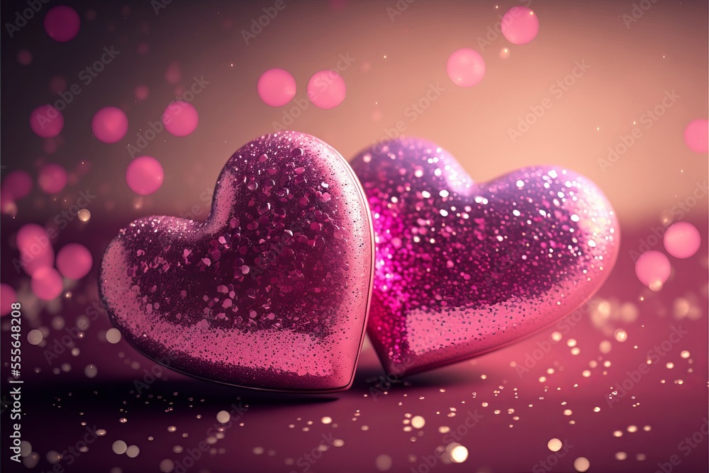 Obraz premium Two hearts on pink glitter in shiny background. Generative AI