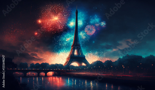 Abstract painting concept. Colorful art of the Eiffel Tower in Paris with fireworks. Generative AI.