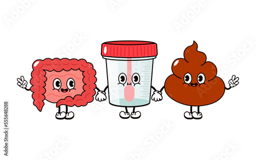 Cute, funny happy intestines container for analysis feces character. Vector hand drawn cartoon kawaii characters, illustration icon. Funny cartoon intestines container for analysis feces
