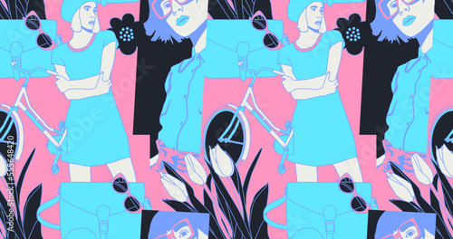 Fashion minimal illustration stylish  paris Lady trippy seamless pattern design