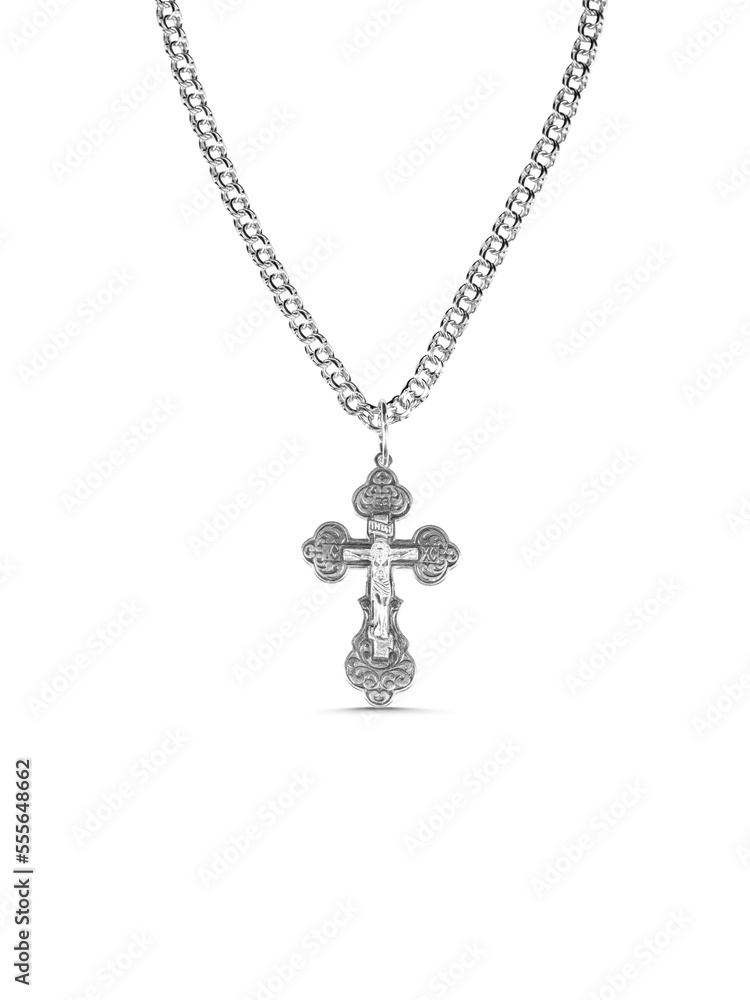 isolated on white background jewelry silver cross on a chain with a shadow isolated on white background jewelry silver cross on a chain with a shadow