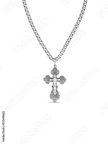 isolated on white background jewelry silver cross on a chain with a shadow