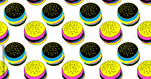 Fashion minimal illustration trippy absurd seamless pattern burger retro style back in 90s