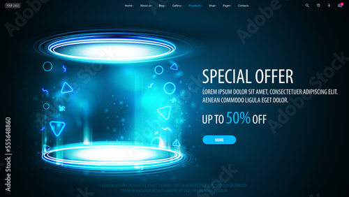Special offer, blue discount banner with empty digital hologram of podium in cylindrical shape with particles and shiny rings in dark room