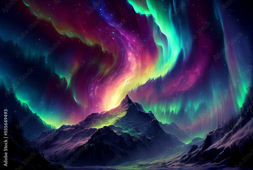 Bright, colorful Aurora borealis over mountains.
