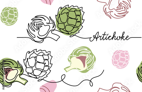 Artichoke vector seamless pattern, texture, background. One continuous line art drawing design of artichoke pattern