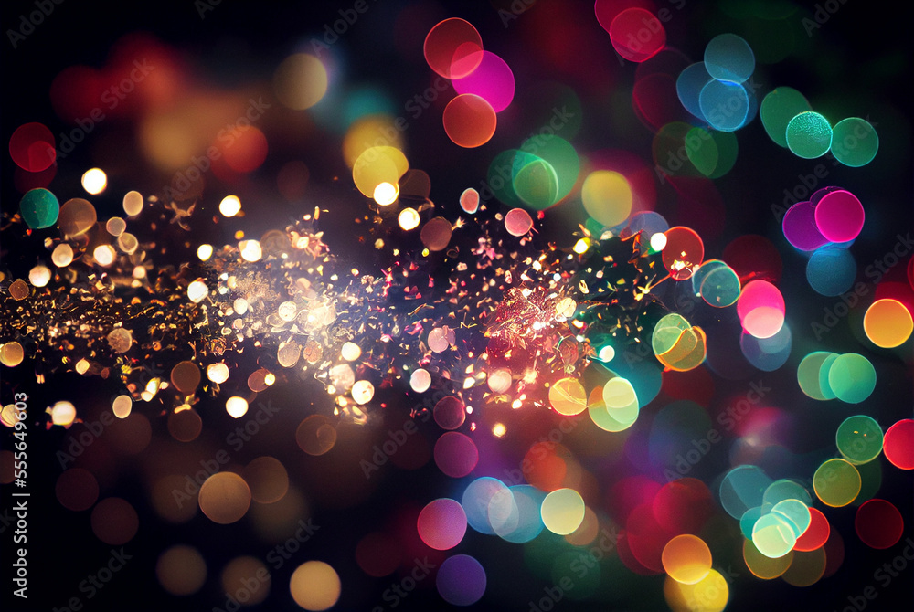 Colorful dust and sparkles on the black background. Christmas, New year background.	