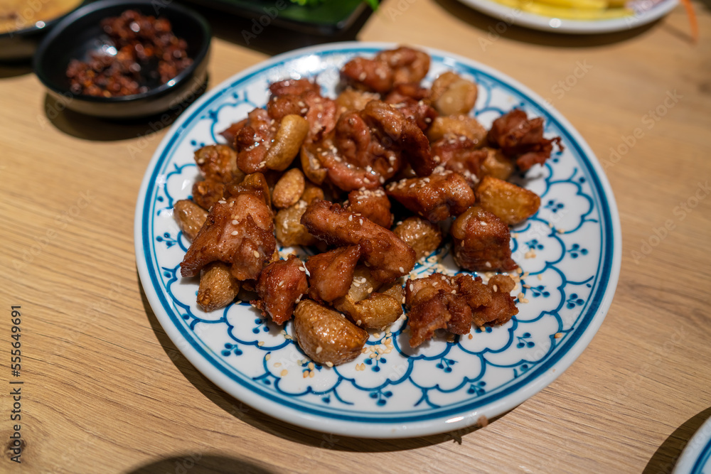 traditional smoked fried beef in Moc Chau, Vietnam. The name of the dish is traditional smoked fried beef in Moc Chau, Vietnam. The name of the dish is