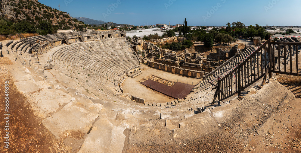 View of ancient greek rock cut lykian empire amphitheatre in Myra (Demre, Turkey)