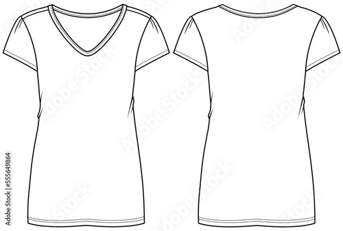 womens short sleeve v neck t shirt flat sketch vector illustration technical cad drawing template