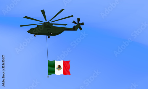 Helicopter flies with the flag of Mexico, the flag of Mexico in the sky. National holiday. vector illustration eps10
