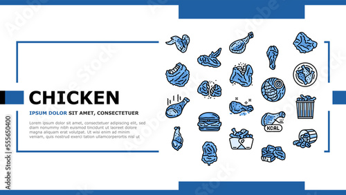 chicken crispy food meat meal landing web page vector. fast delicious, wing fried, snack crunchy, leg cooked, eat tasty, dinner golden chicken crispy food meat meal Illustration